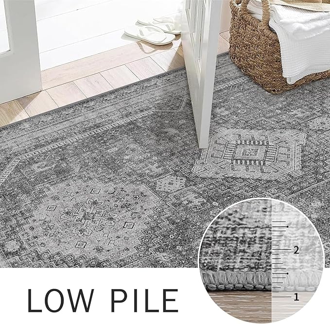 GENIMO Runner Rug 2x10 Non Slip Machine Washable Hallway Runner Rug, Low Pile Lightweight Rugs for Entryway, Hallway, Kitchen and Corridor, Vintage Grey