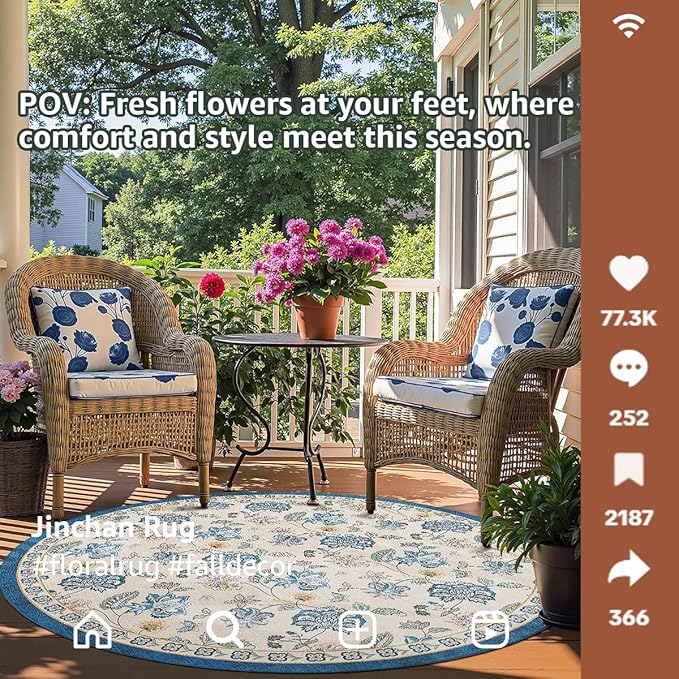 jinchan Elora 6ft Floral Round Rug for Dining Room Washable Living Room Rug Vintage Romance Design Non Slip Indoor Floor Cover Lightweight Low-Profile Throw Carpet for Bedroom Porch Patio, Blue/Beige