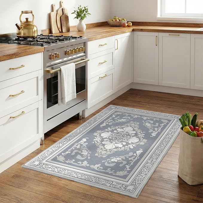 SOULFUL Medium Pile 2x3 Entryway Rug - Soft Foot Feel Small Area Rug - Greige Boho Floral - Washable Non-Slip - Perfect for Hallway Kitchen Bedroom Bathroom Indoor Entrance
