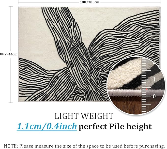 YIHOUSE 8×10 Ft Washable Rug, Black and White Abstract Area Rug for Bedroom Living Room Dining Room Office Playroom Nursery, Ultra Thin Nonslip Modern Large Rugs Soft Contemporary Striped Rugs