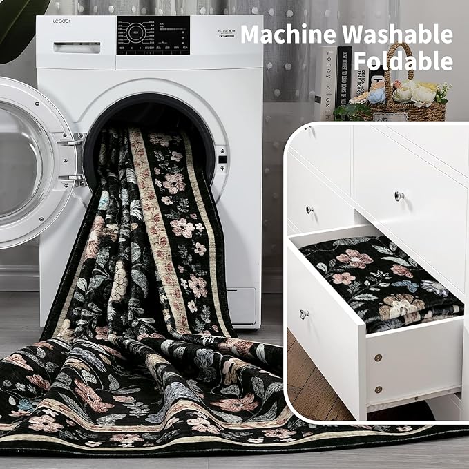 GarveeHome Floral Rug 4 x 6, Non-Shedding Indoor Foldable Printed Rug for Bedroom Kitchen, Non-Slip Soft Vintage Throw Low Pile Farmhouse Washable Carpet, Black