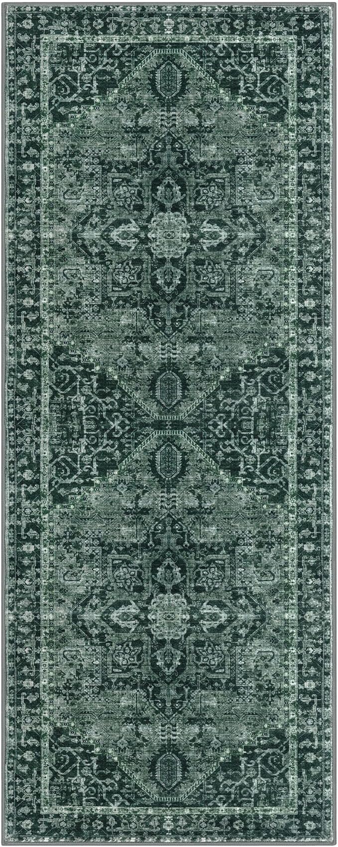 KOZYFLY Runners for Hallways 2x5 Ft Washable Kitchen Runner Rug Boho Runner Rug for Entryway Indoor Printed Oriental Faux Wool Floor Carpet Runner for Laundry Room Kitchen Hall, Dark Green
