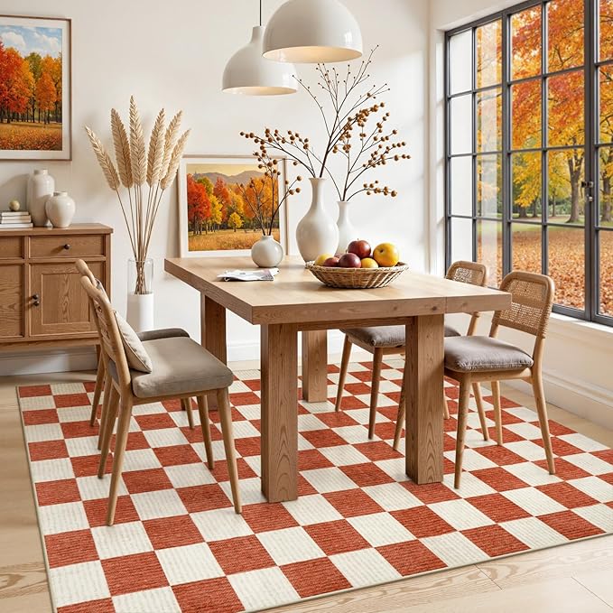 Machine Washable 5x7 Area Rugs for Living Room Checkered, Non Slip Soft Low Pile Farmhouse Halloween Modern Neutral Playroom Boys Rugs for Bedroom, Large Carpet Rugs for Dining Room(Orange,5'x7')