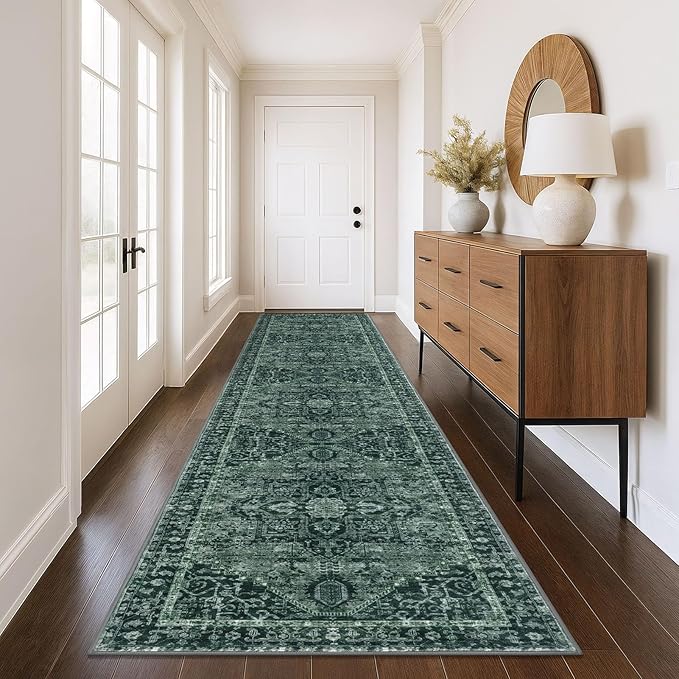 KOZYFLY Runners for Hallways 3x12 Ft Extra Long Washable Faux Wool Thin Hallway Rug Boho Runner Carpet Printed Entryway Rug for Bedroom Stairs Kitchen Living Room Hall, Dark Green
