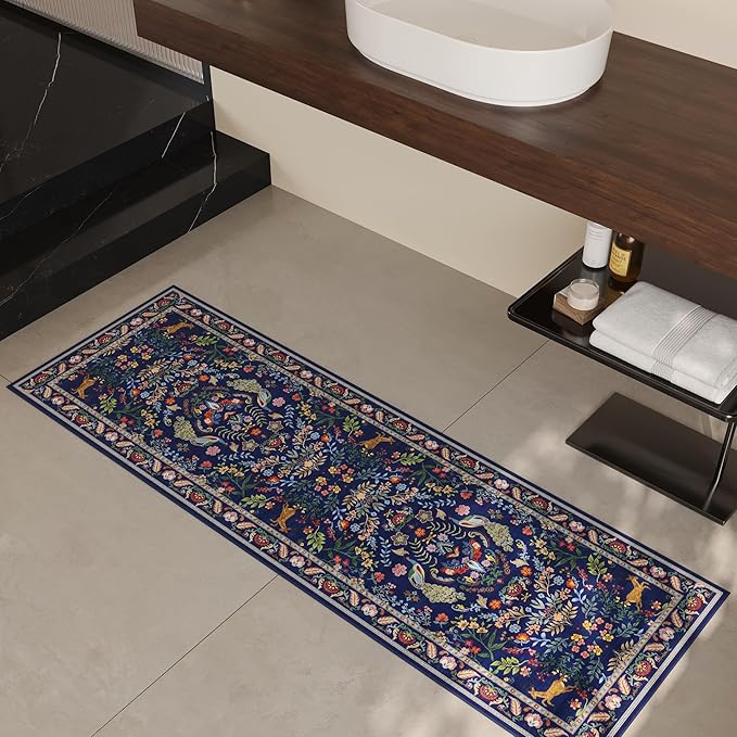 Rugcomf Runner Rug Washable Kitchen Runner 2'6''x8' Runner Rug for Entryway Indoor Floral Non-Slip Soft Carpet Runner for Hallways, Kitchen, Laundry, Bedroom, Bathroom(Blue)