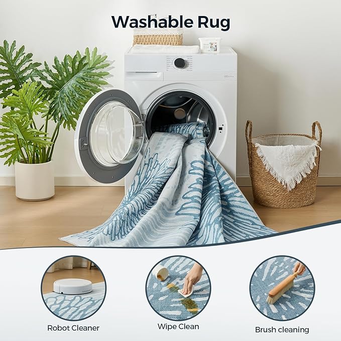 WITSHOCK 5x7 Washable Rug for Living Room,Modern Floral Distress Print Pattern Area Rugs,Stain Resistant with Non Slip Backing Carpet for Dining Room,Bedroom & Home Decor,Blue/Light Blue