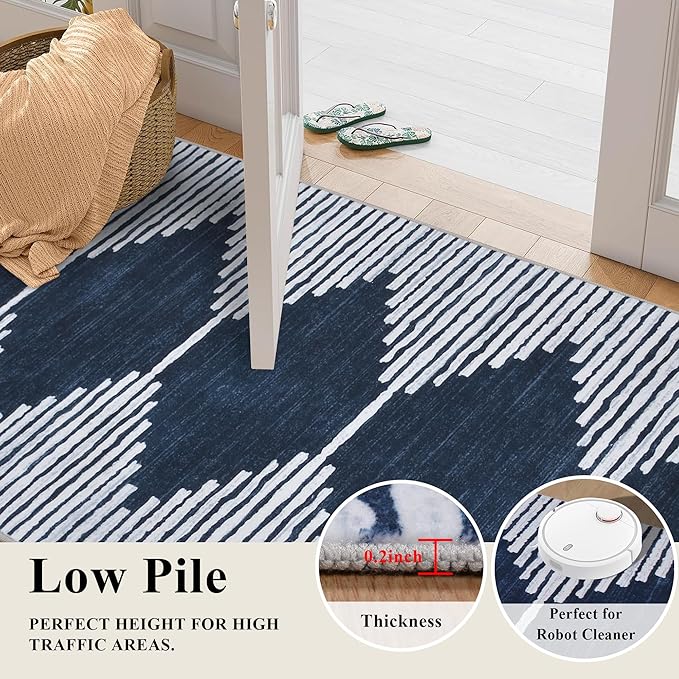 HelloTree Hallway Runner Rug，2x6 Moroccan Modern Stripe Carpet Washable Machine Bathroom Runner Bohemian Design Modern Soft Non Slip Indoor Rug for Entryway Hallway Laundry Room Bedroom-Blue