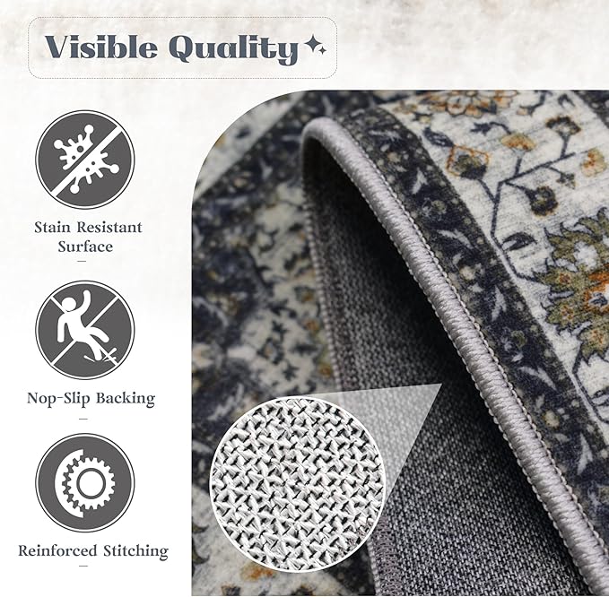 Area Rug 5x7 Washable Rug, Vintage Boho Medallion Rugs Non-Slip Soft Low Pile Large Distressed Rug Indoor Retro Carpet for Living Room Bedroom Dining Room Home Office (Vintage Black, 5'x7')