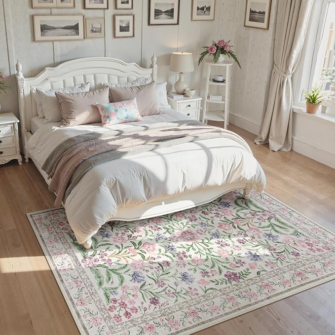 Wonnitar Floral Purple Rug for Bedroom, Washable 5x7 Area Rugs for Dorm, Boho Soft Non Slip Ultra-Thin Indoor Floor Carpet for Kids Room Nursery Living Room Classroom, Light Purple/Pink