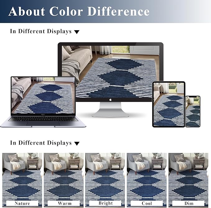HelloTree Area Rug 3x5 Geometric Rug,Washable Modern Neutral Stain Resistant Indoor Carpet Boho Living Room Moroccan Rugs Fluffy Rug for Living Room Bedside Room Decor for Family-Blue