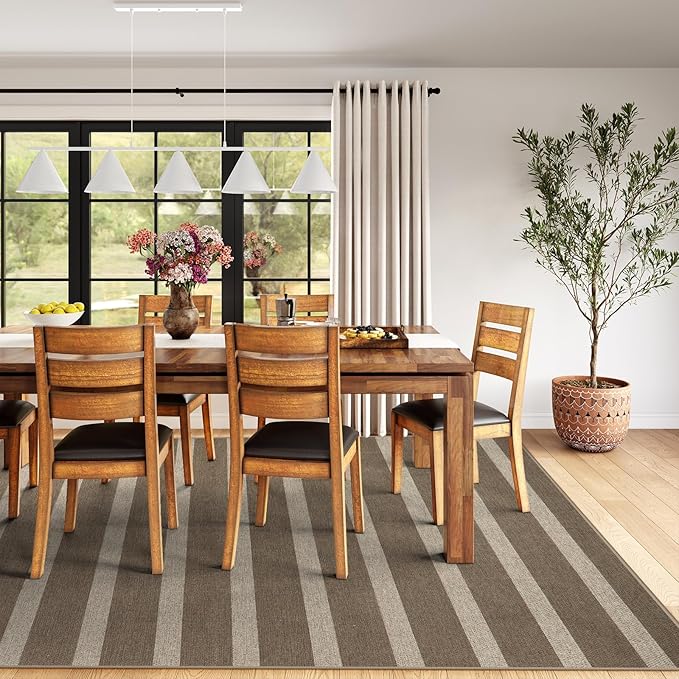 Lahome Striped Easy Jute Rug, 5x7 Dining Room Office Rug Washable Outdoor Patio Rug, Farmhouse Neutral Non Slip Stain Resistance Indoor Outdoor Carpet for Deck Classroom, Khaki