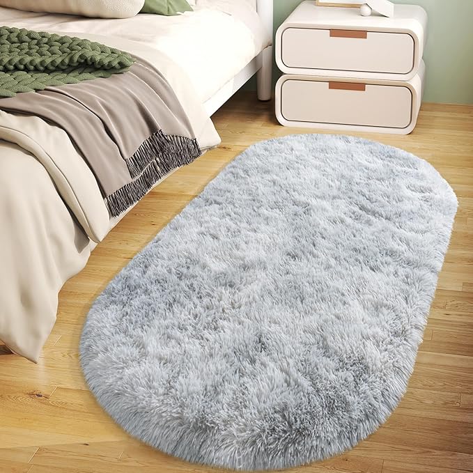 Soft Fluffy Area Rug for Bedroom, Tie-Dye Grey Fuzzy Shaggy Oval Throw Rugs for Bedside, Non-Slip Cozy Plush Shag Carpet for Kids Room Nursery Dorm Living Room, 2.6 x 5.3 Feet