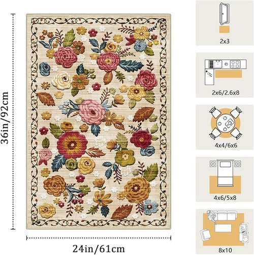 2x3 Machine Washable Area Rug for Entryway, Beige Vintage Boho Floral Rug Non-Slip Low Pile Soft Faux Wool Small Carpet, Kids and Pets Friendly for Bedroom Kitchen Hallway Bedside Home Decor Rug