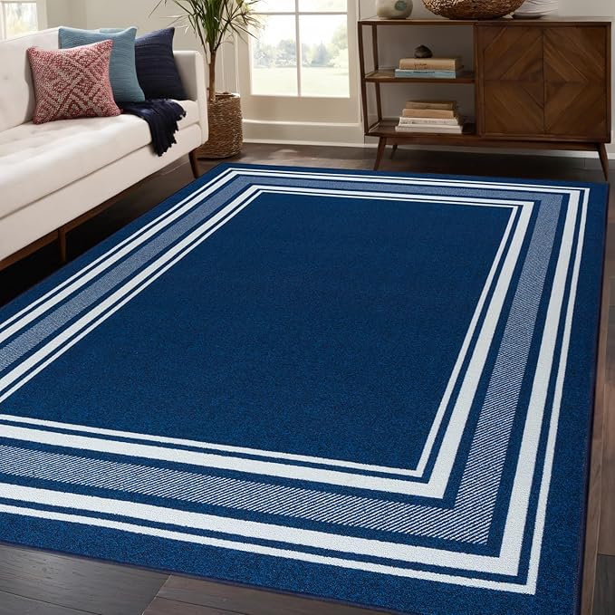 Beverly Rug Non Slip Area Rugs 8x10 Modern Bordered Non Skid Rubber Backing Soft Area Rug for Living Dining Room Easy to Clean Non Shedding Kitchen Bedroom Indoor Carpet 8 x 10 Navy