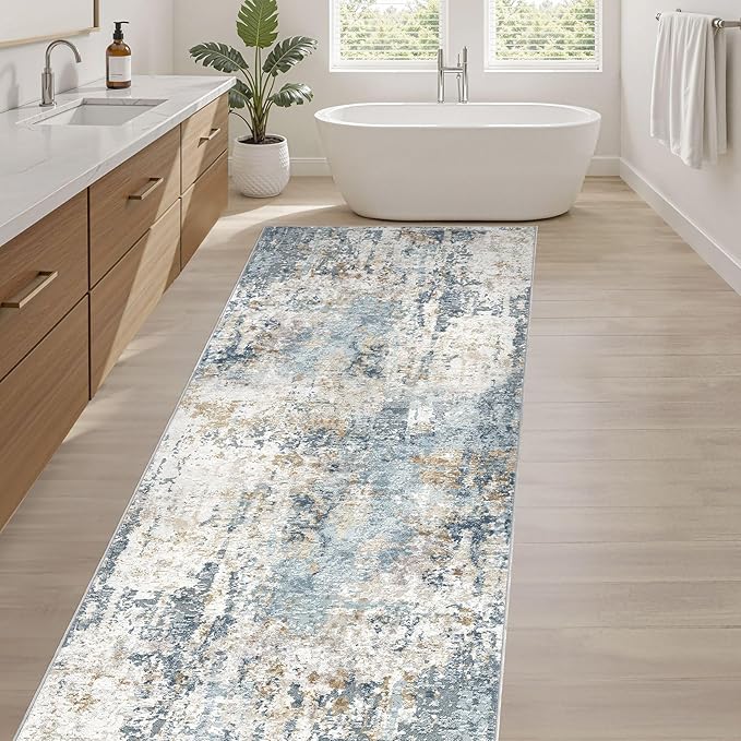 Runner Rug Non Slip Rugs: 2x6 Hallway Kitchen Washable Abstract Soft Modern Stain Resistant Indoor Floor Neutral Accent Throw Carpet for Bathroom Laundry Room Entryway Bedroom- Blue
