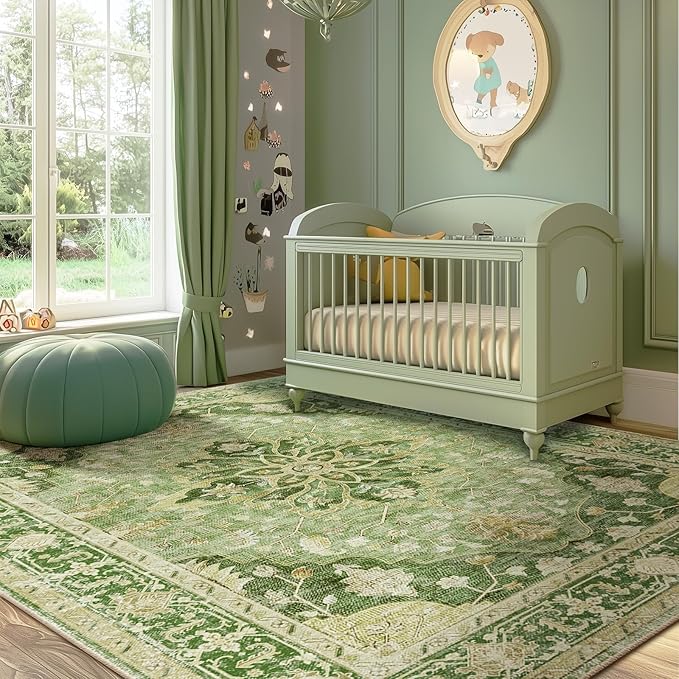 Area Rugs 6'x8' Washable Non-Slip, Floral Vintage Distress Print Pattern Medallion Carpet for Living Room Bedroom Dining Room, Sage Green Yellow