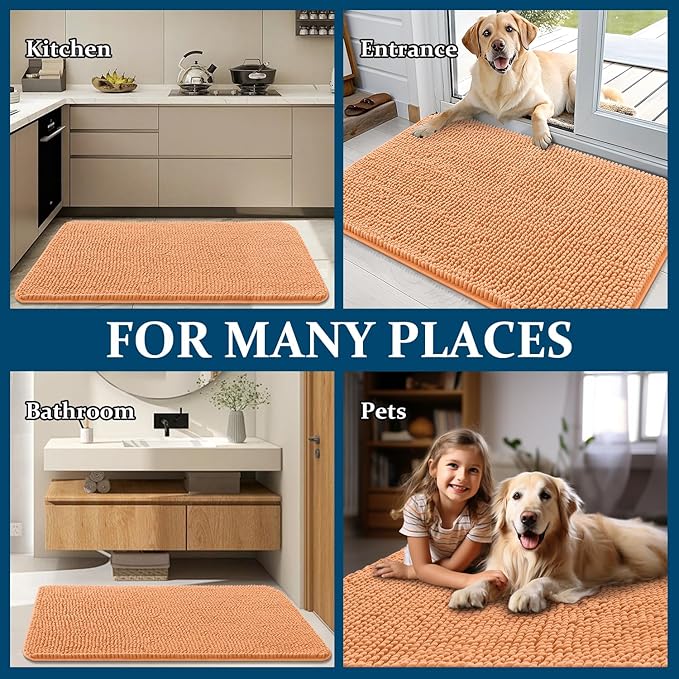 OLANLY Dog Door Mat for Muddy Paws 44x24, Absorbs Moisture and Dirt, Absorbent Non-Slip Washable Doormat, Quick Dry Chenille Mud Mat for Dogs, Entry Indoor Entryway Carpet for Inside Floor, Orange