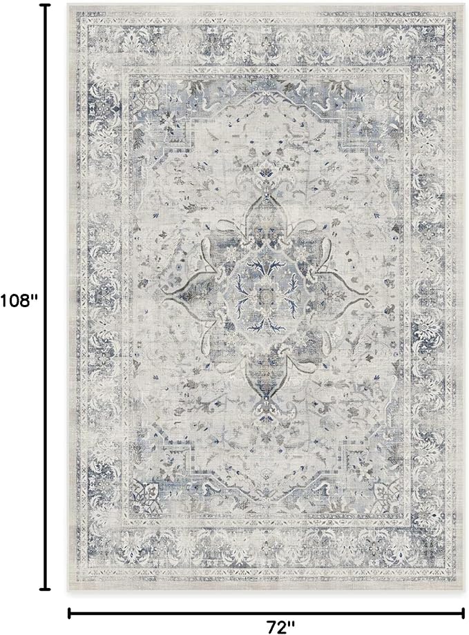 RUGGABLE Washable Vintage Area Rug – Sarrah Blue Quartz 6x9, Stain-Resistant, Non-Slip – Medium Machine Washable Rugs for Living Room, Bedroom, Hallway, Entryway & Office–with Standard Pad