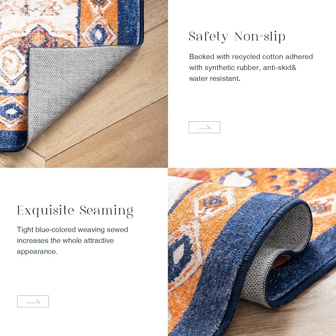 Phantoscope Washable Area Rug 3'x5' Non-Slip, Vintage Boho Rugs for Living Room, Bedroom, Dining Room, Distressed Persian Market Pattern, Low-Pile Foldable Floor Carpet, Navy/Orange