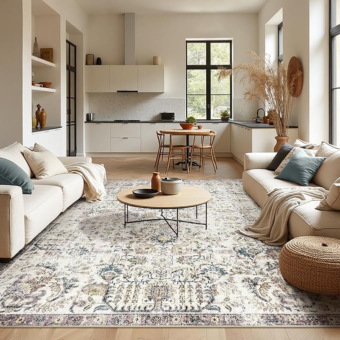 jinchan Kalen Area Rug 9x12 Washable Living Room Rug Vintage Indoor Large Floor Cover Retro Distressed Floral Country Boho Lightweight Non Slip Thin Carpet for Kitchen Bedroom Dining Room Office Blue