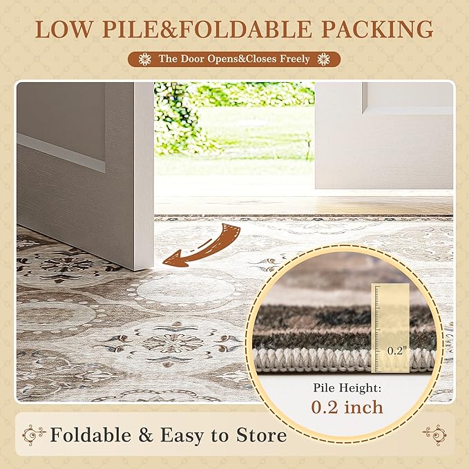 EnHomee Area Rugs 3x5, Soft Washable Rugs for Living Room Bedroom, Boho Non Slip Low Pile Stain Resistant Washable Rug Large Carpet for Dining Room,Easy to Clean Living Room Rug, Khaki
