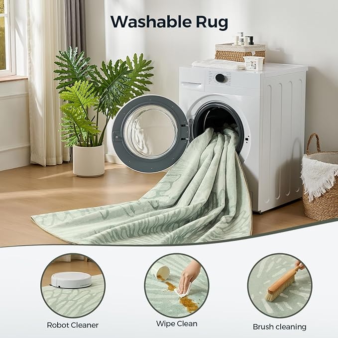 WITSHOCK Living Room Area Rugs 8x10: Boho Light Green Rug for Bedroom Kids Room Neutral Modern Soft Thin Large Carpet Non-Slip Stain Resistant Low Pile Decor,Green/Light Green