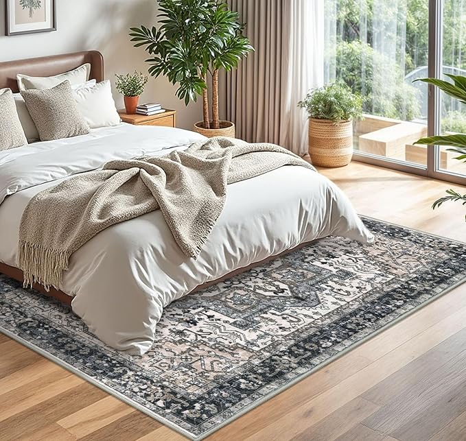 KOZYFLY Boho Area Rug 5x7 Ft Thin Washable Rugs for Living Room Faux Wool Throw Carpet Printed Non Slip Rug for Entryway Bedroom Dining Room Living Space, Black/Taupe/Beige