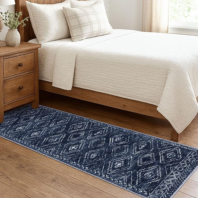 KILOCOCO Hallway Runner Rug 2x7 Runners for Hallways Washable Runner Rug Non Slip Rubber Backed Low-Pile Runners for Bedroom Kitchen Living Room Laundry Room Boho Rugs, Dark Blue