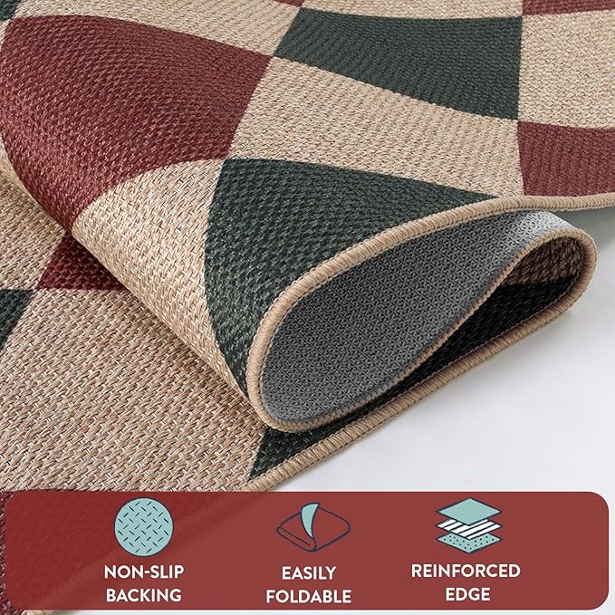 Lahome Checkered Rugs for Living Room, 8x10 Indoor Outdoor Rug Dining Room Office Carpet, Checkerboard Green and Red Washable Non Slip Floor Carpet for Patio Classroom Backyard
