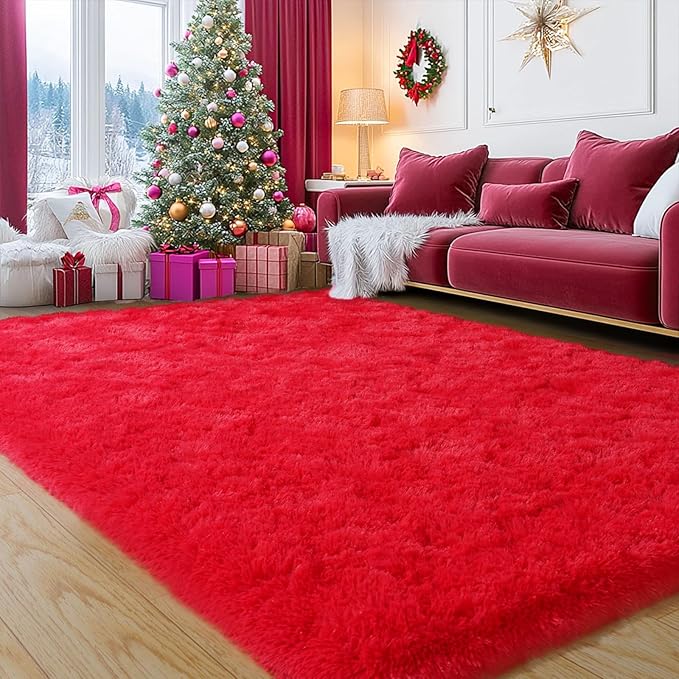 Red Fluffy Rug Plush Carpet for Bedroom Dorm, Non-Slip High Pile Rug, Shag Rug for Playroom Nursery Home Office Decor 5X7Ft