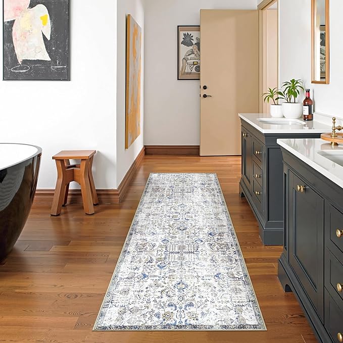 jinchan Kalen Runner Rug 2x7 Washable Hallway Rug Vintage Runner Indoor Floor Cover Thin Retro Distressed Floral Country Non Slip Carpet for Entryway Bathroom Kitchen Bedroom Living Room Stairway Blue