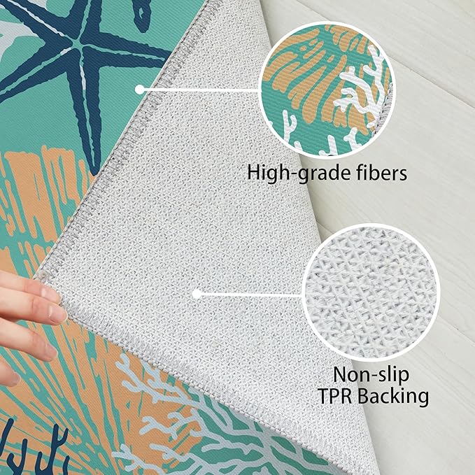 Tritard Coastal Area Rug 3x5 - Small Machine Washable Foldable Throw Rugs Non-Slip Beach Ocean Entryway Indoor Entrance Carpet for Kitchen Bathroom Laundry Bedroom Living Room, Teal and Turquoise