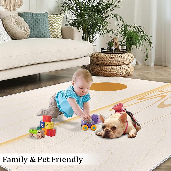 Boho Sun Area Rugs 3x5ft, Minimalist Sunburst Boys Rugs for Bedroom, Geometric Solar Kids Room Rug Soft Fuzzy Washable for Living Room Game Room Coffee Table