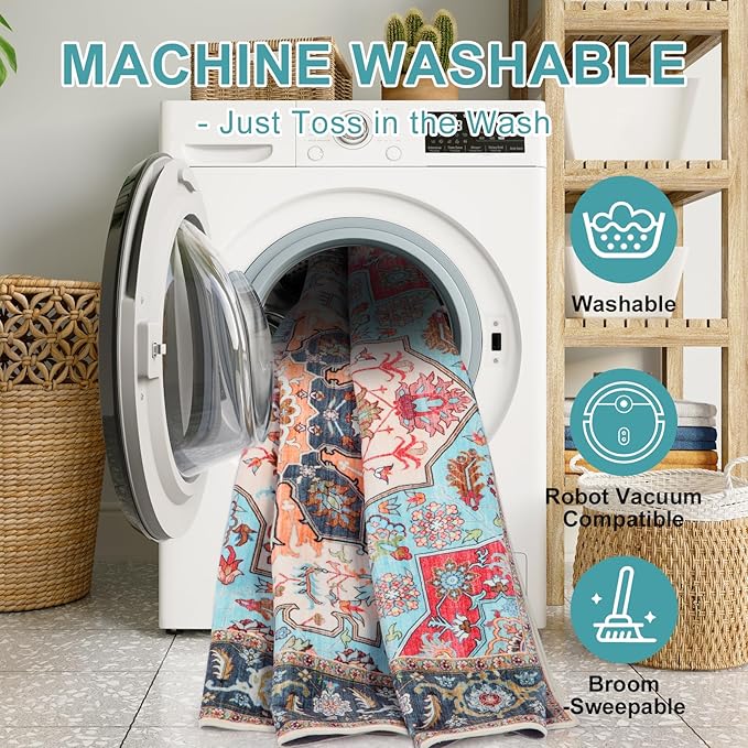 WILLSUN Washable Area Rugs, 2x3 Non-Slip Boho Small Area Rugs for Entryway, Kitchen, Bathroom, Machine Washable Vintage Rug, Indoor Floral Print Carpet for Home Decor, Kid & Pet Friendly Mat