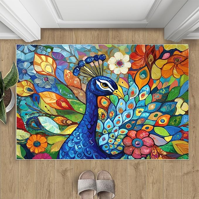 Boho Peacock Rug Small - 3x4 Rug, Colorful Peacock Washable Rugs for Living Room, Teal Turquoise Carpet, Modern Style Non-Slip Area Rugs for Bedroom, Aesthetics Carpet - Peafowl Home Decor & Gifts