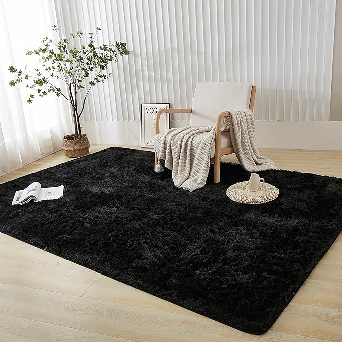 Andency 6x9 Area Rugs Black, Large Shag Fluffy Soft Shaggy Rugs for Living Room Bedroom, Non-Slip Thick Plush Carpet for Kids Girls and Boys, Dorm Nursery Home Decor Aesthetic