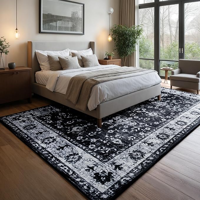 4x6 Washable Area Rug – Black and Ivory Vintage Carpet with Charcoal Border, Floral Scroll and Geometric Pattern, Boho Non-Slip Indoor Rug for Living Room, Bedroom, Dining Room, Entryway