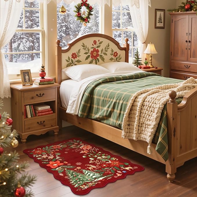 Lahome Floral Christmas Rug, 2x4 Washable Christmas Kitchen Rugs Indoor Ultra-Thin, Soft Christmas Rugs for Entryway Red Door Mat Holiday Rugs for Bathroom Bedroom, Red
