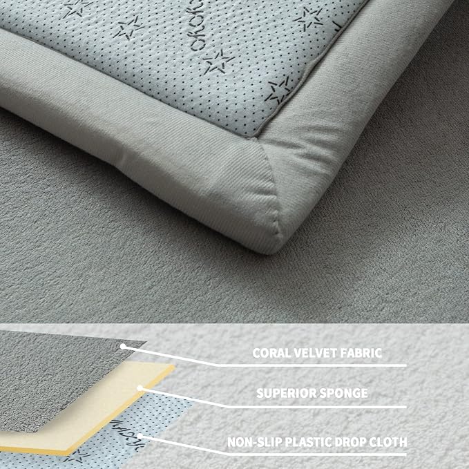 MAXYOYO Grey Coral Velvet Area Rug, Thick Japanese Tatami Mat Living Room Carpet with Non-Slip Backing, Large Solid Color Mat for Bedroom Dormitory Yoga, 78 by 158 inch