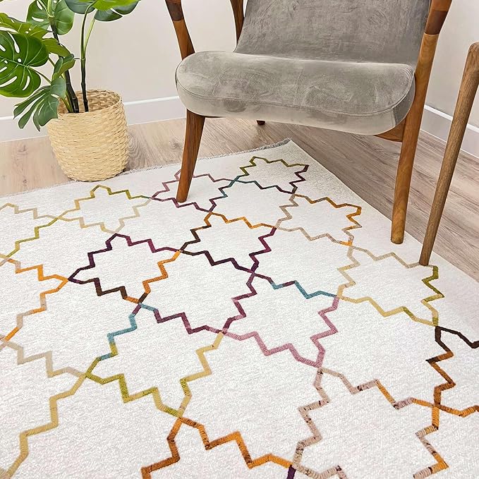 Alfa Rich 3x10 Moroccan White Washable Area Rugs for Living Room Hallway Kitchen Decor Cotton Runner