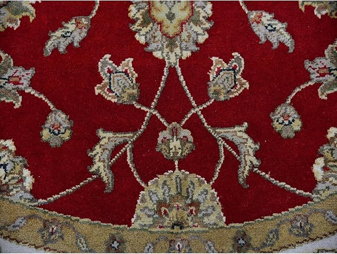 Exotic Red Hand Knotted All Over Leaf Pattern Wool and Silk Rajasthan Design Round Rug (6'x6')