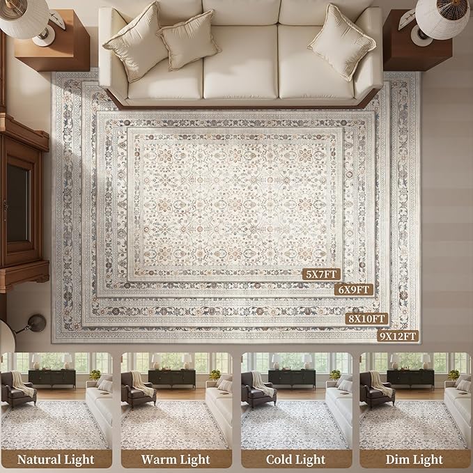 MontVoo-Vintage Area Rug 5X7 Beige Rugs for Living Room-Soft Distressed Printed Rugs for Bedroom-Non Slip Carpet-Machine Washable Rug for Dining Room Living Room Bedside Office
