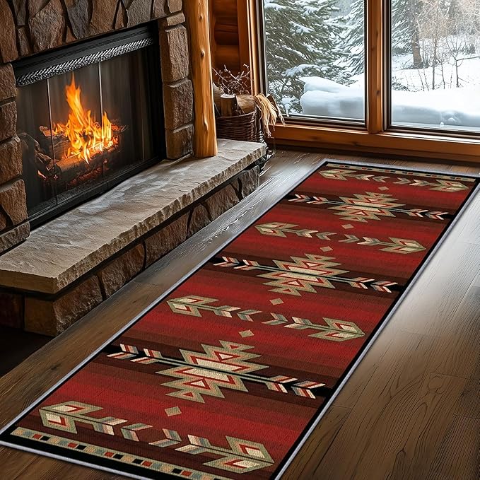 Red Arrow Runner Rug, 2x10ft Retro Geometric Hallway Runner Rug - Corridor & Busy Home Foyer Rugs, Washable Flannel Non-Slip Mat, Southwestern Tribe Decor Carpet for High-Traffic Areas