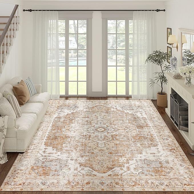 jinchan Kelda Living Room Area Rug 10x12 Washable Rug Vintage Indoor Large Floor Cover Distressed Lightweight Non-Slip Low Pile Thin Mat Stain Resistant Carpet for Bedroom Dining Room Office Brick Red