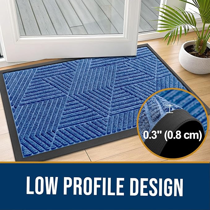 Kitinjoy Front Door Mat Outside Entrance, Sturdy Natural Dirt Trapper, Heavy Duty Rubber Doormat, Low Profile Non-Slip Backing, Easy Clean Floor Mat for Indoor Outdoor Entry, 35X23 Inch, Blue