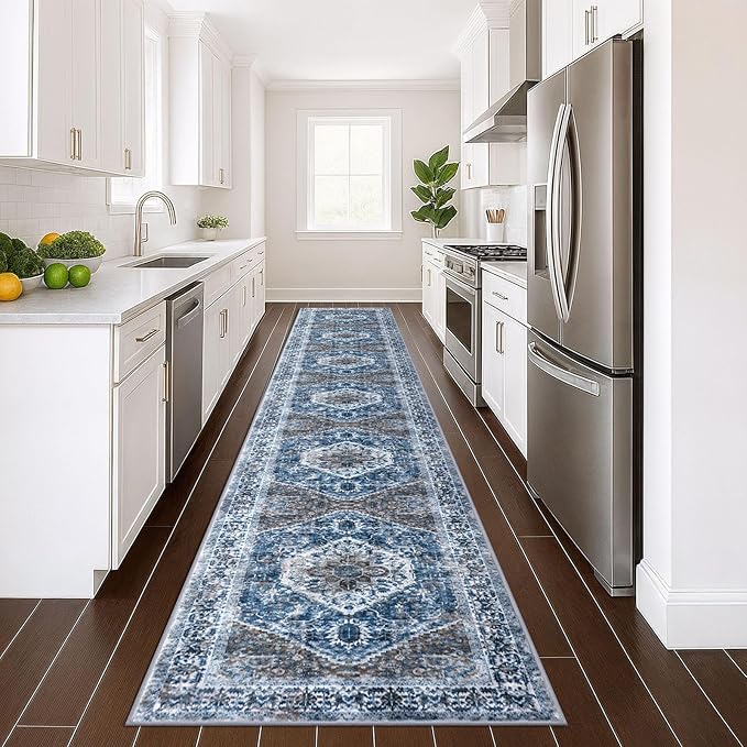 KOZYFLY Runners for Hallways 3x16 Ft Extra Long Washable Kitchen Thin Runner Rug Boho Runner Rug for Entryway Indoor Blue Printed Oriental Faux Wool Stair Floor Carpet Runner for Stair Kitchen Hall