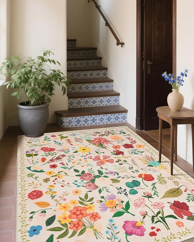 Washable Rugs 8x10 Floral Vintage Washable Area Rug Non Slip Low Pile Large Rugs for Living Room Dining Room Bedroom Farmhouse Kids Playroom