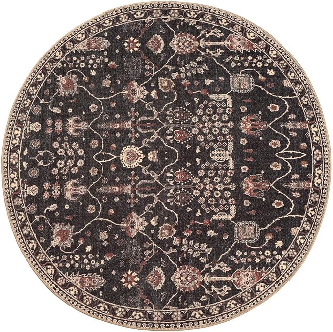 GLN Rugs Traditional Collection - Machine Washable Area Rug, Traditional Washable, Non Slip, Low Pile Chenille Rug, Living Room, Bedroom, Kitchen Rug (5'3" Round Black)
