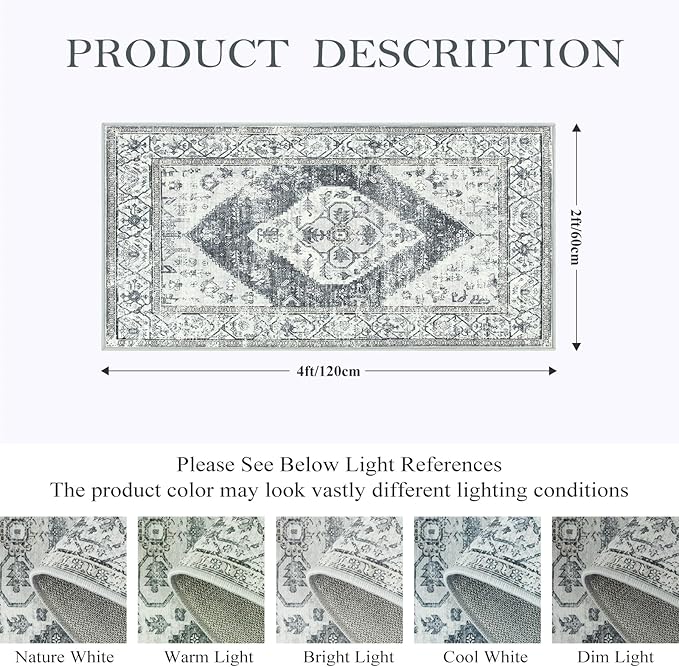 Lahome Boho Hallway Rug Runner - 2x4 Washable Non-Slip Small Bathroom Runner, Oriental Distressed Untra-Thin Carpet Rug for Kitchen Entryway Bedroom Laundry Room, Grey