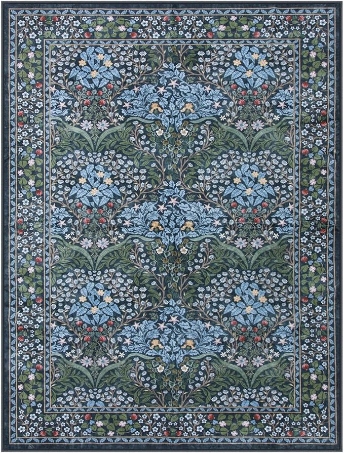 Lahome Floral Washable Rugs 8x10, Soft 8x10 Area Rugs for Living Room Bedroom, Boho Non-Slip Blue Forest Design Large Throw Carpet for Farmhouse Dining Room Office, Blue